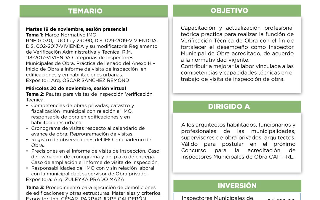 Inscríbete Curso de Capacitación Inspectores Municipales de Obra 2024 | NotiCAPLima 246 – 2024